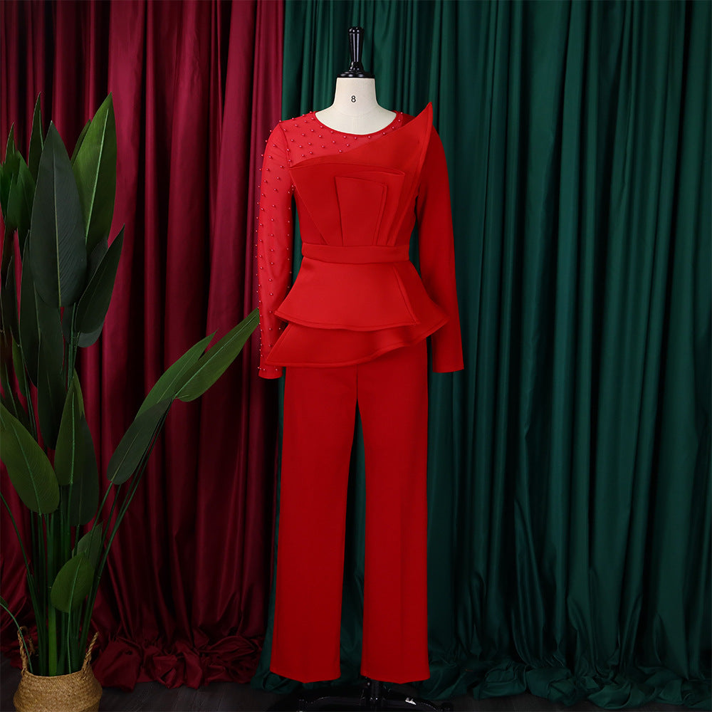 Long Sleeve Chic Mesh Patchwork Beading Slim Fit Formal Party Plus Size Jumpsuit 19