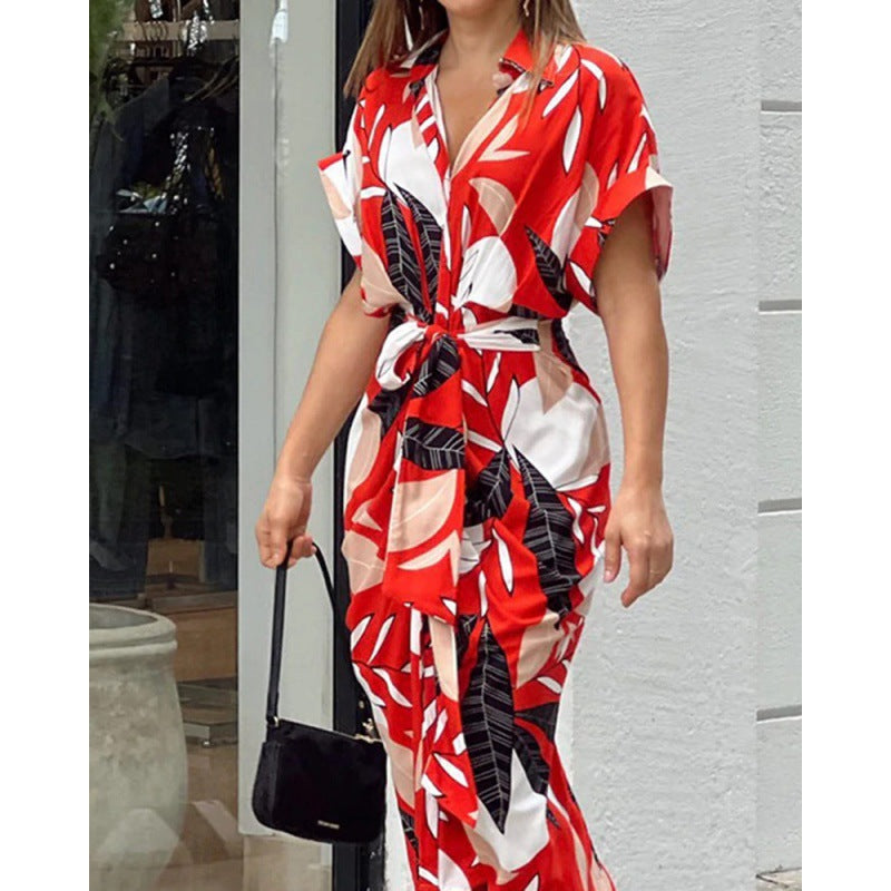 Summer Single Breasted Women Print Short Sleeve Shirt Dress 5