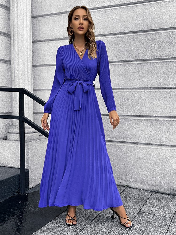 Women Autumn V-Neck Long Sleeve Pleated Maxi Dress 4