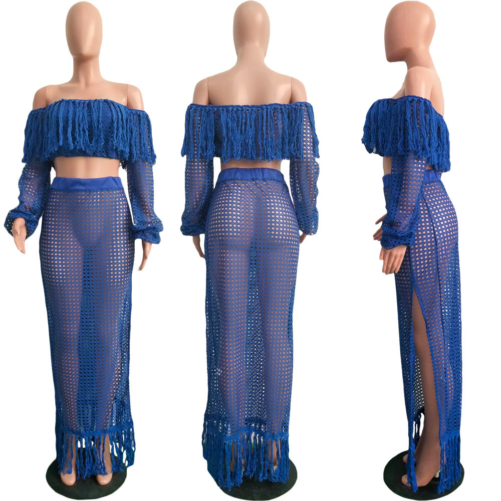 Summer Hollow Sexy Fashion Mesh Tassel See-Through Two-Piece Skirt Set 36