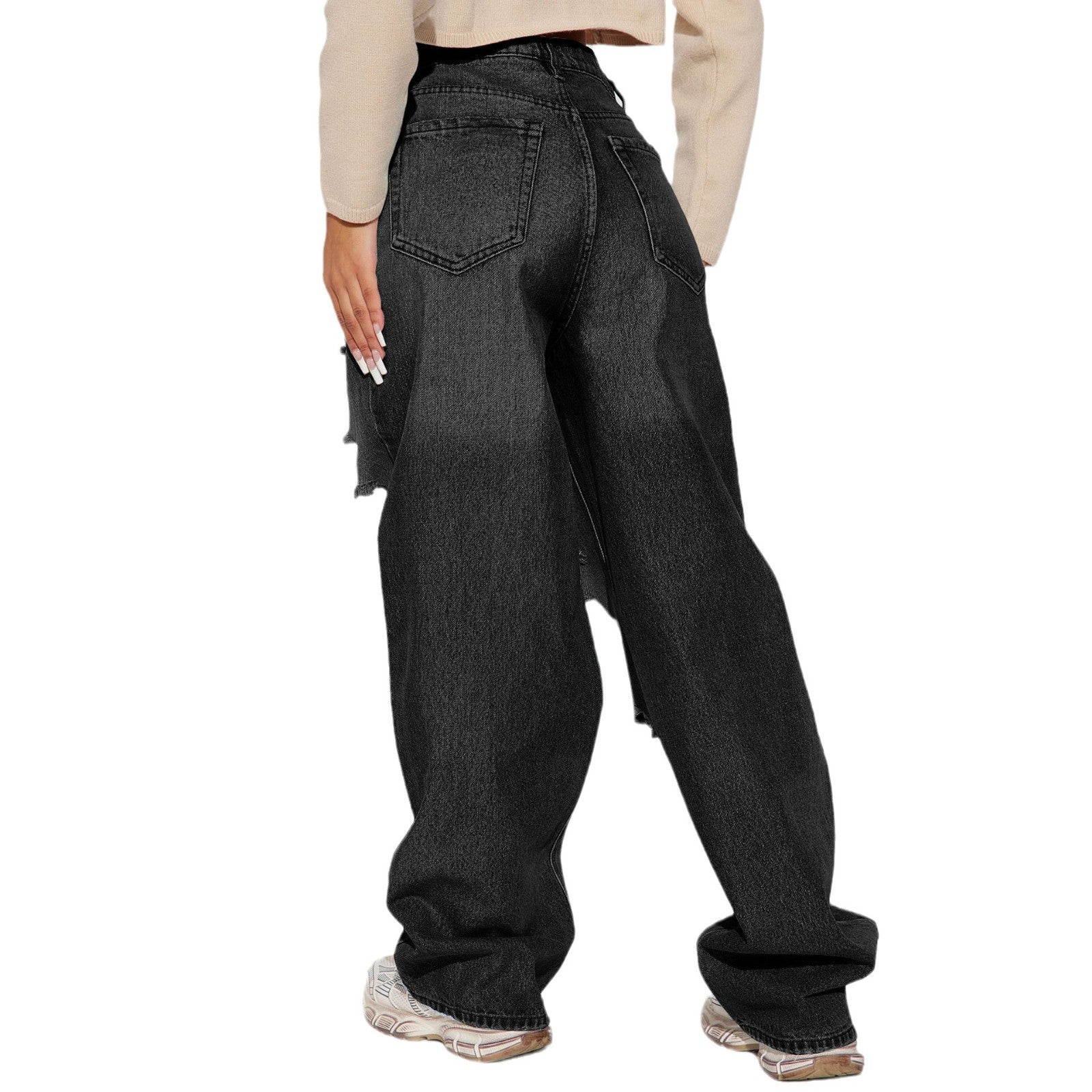 Women Winter Street Irregular Ripped Denim Straight Pants 5