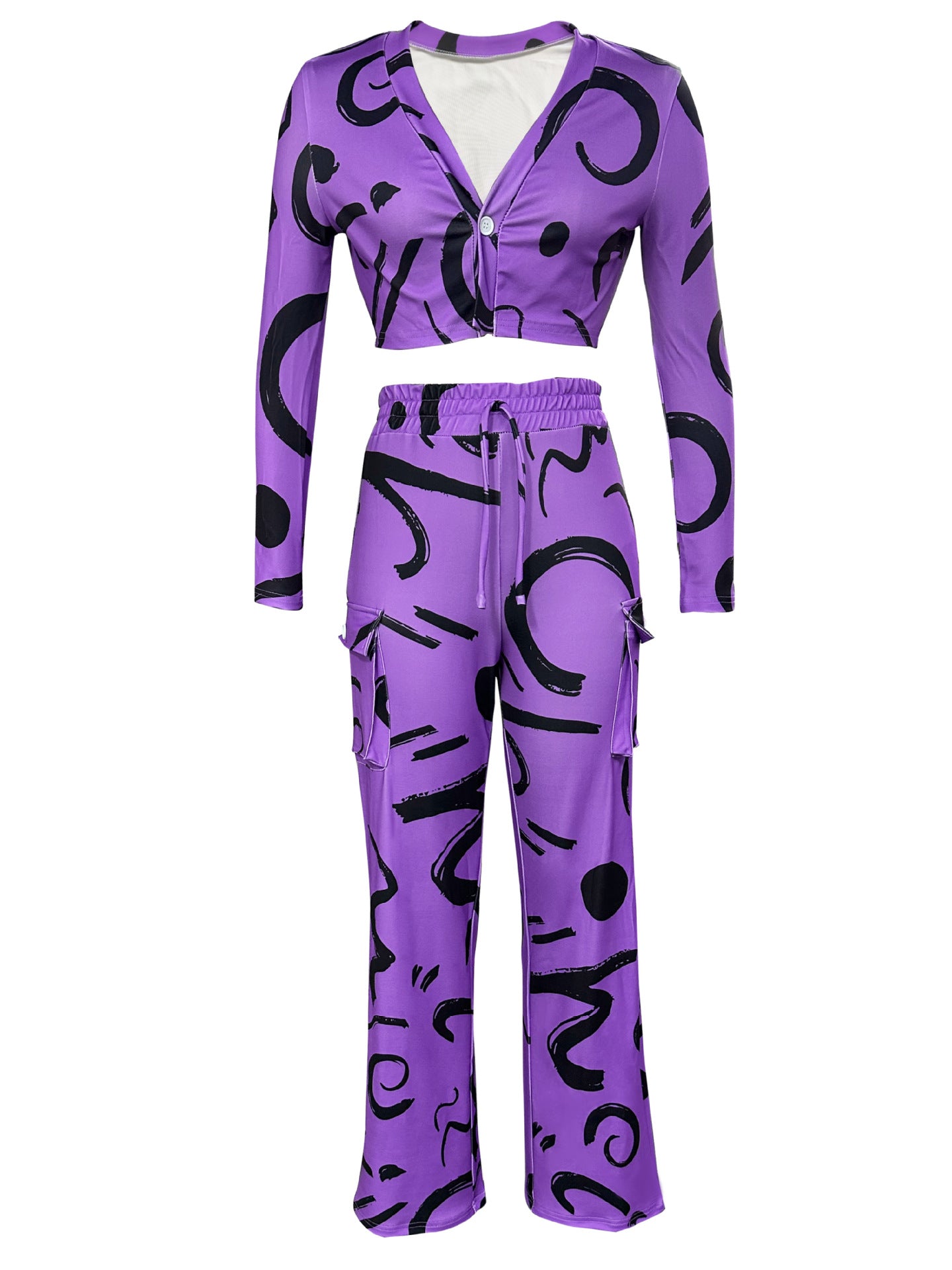 Women Autumn and Winter Geometric Line Print Casual Sexy Short Top and Pant Two-piece Set 15