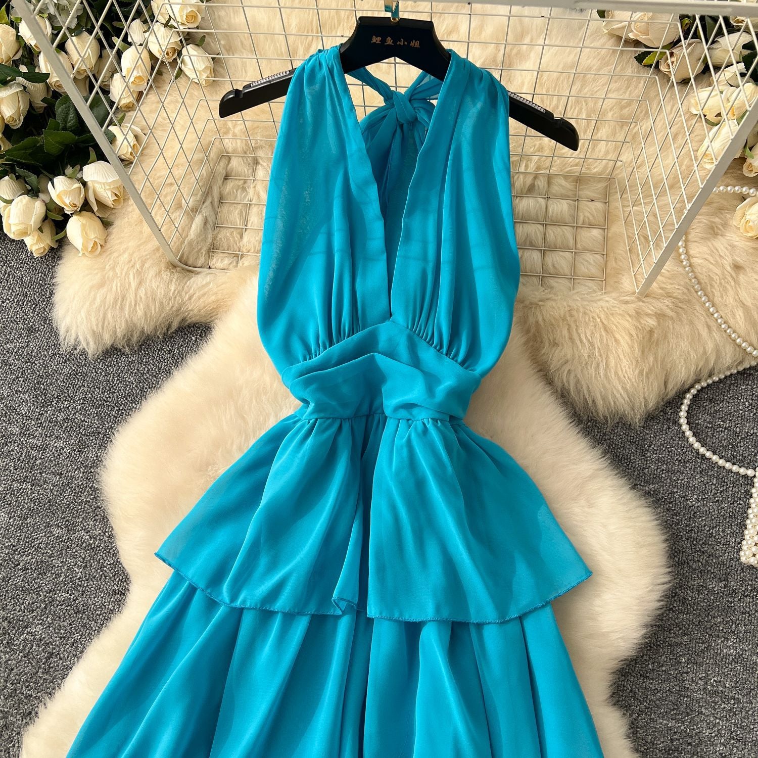 Summer Deep V-Neck Halter Neck Lace-Up Sleeveless Ruffle Women Slim Waist Holidays Long Dress 6
