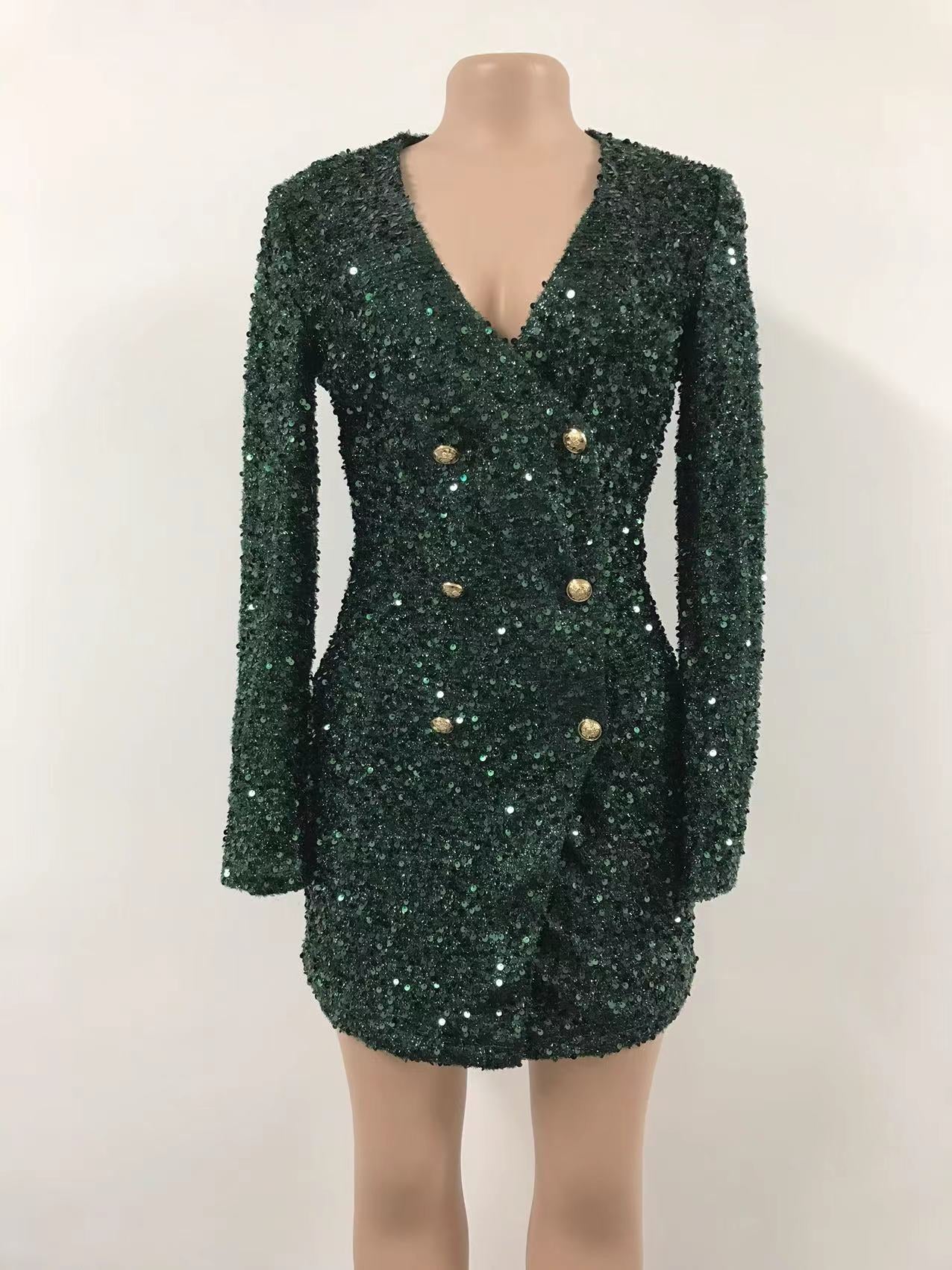 Women Sexy Black Sequins double breasted long sleeve career dress 10