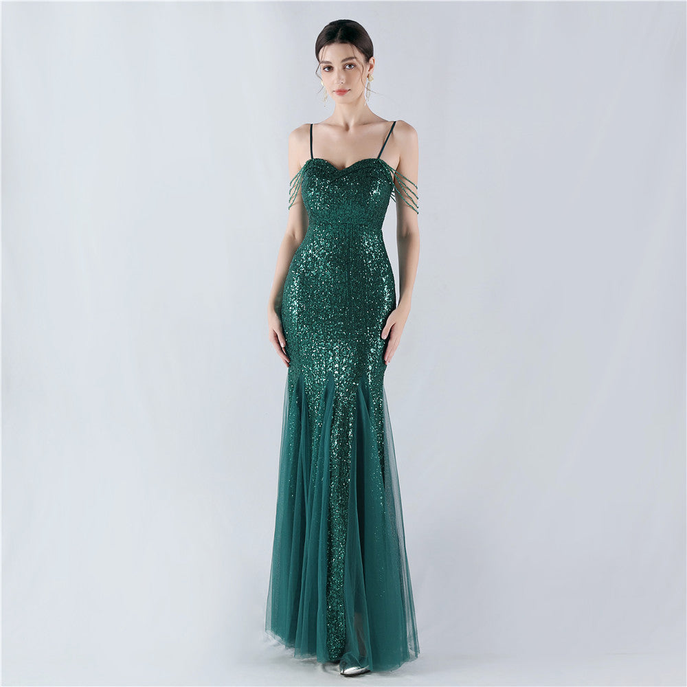 Strap Beading Mesh Sequin Evening Dress 3