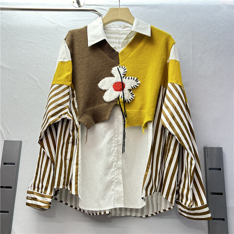 Women striped knitting Patchwork contrast color long-sleeved shirt 7