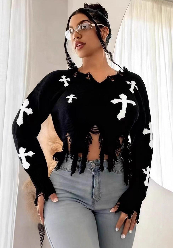 Women Cross Ripped Tassel Dark Long-Sleeved Pullover Knitting Sweater 7
