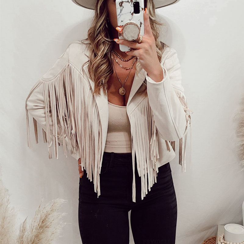 Women'S Autumn And Winter Turndown Collar Fringe Short Suede Leather Jacket 5