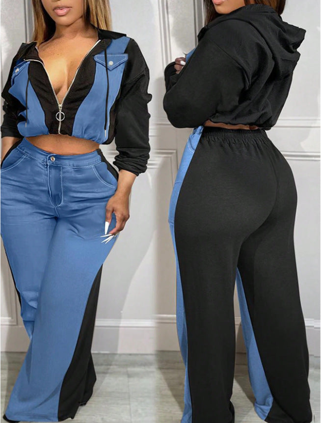Women Sporty Casual Denim Contrast Zippered Jacket and Wide-Leg Pants Two-Piece Set 7