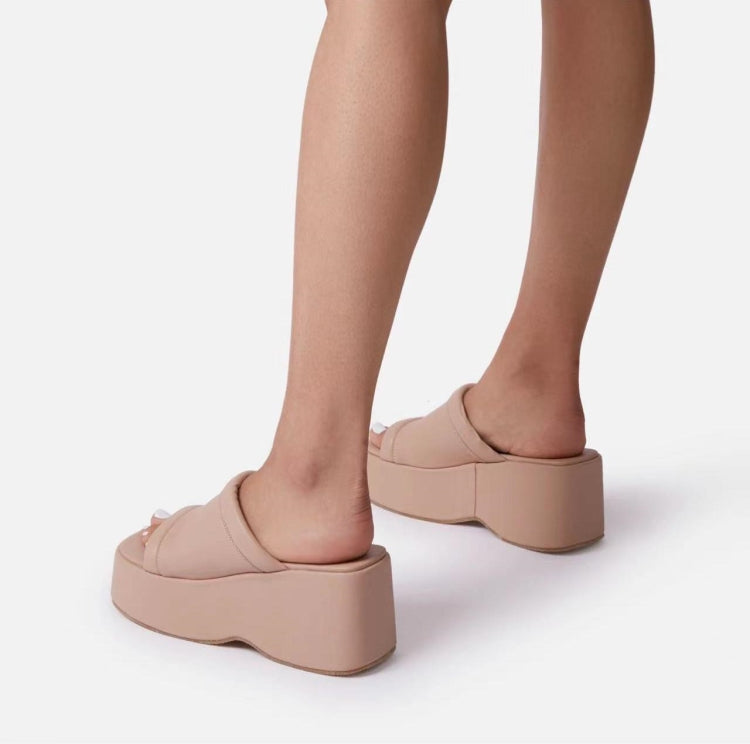 Summer Peep-Toe Sexy High Heel Rubber Wedge Faux Leather One-Line Platform Women's Slippers Outdoor Wear 4