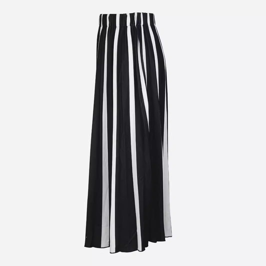 Spring Autumn Winter Knitting Color Blocking Fashion Pleated A-Line Long Skirt 4