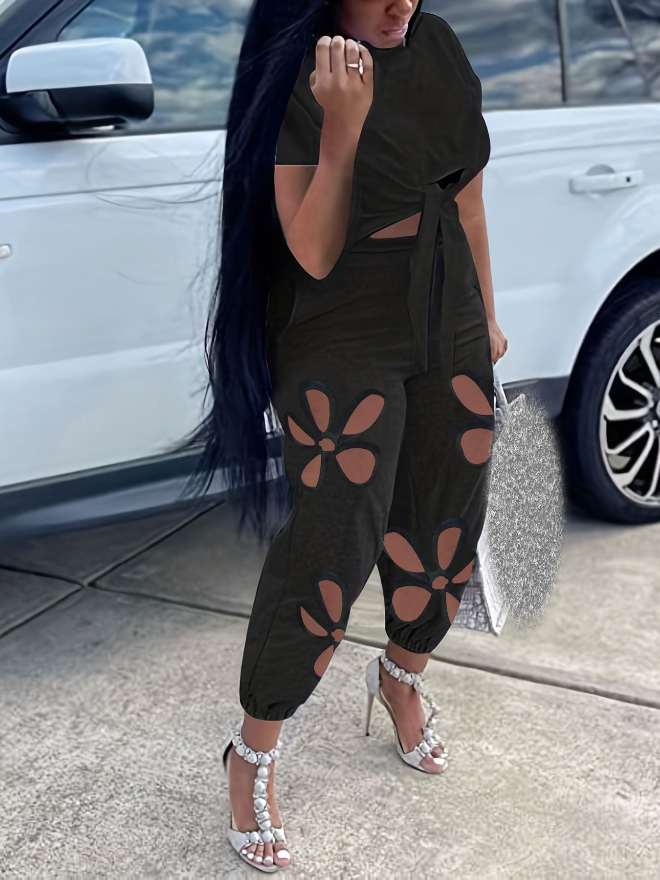 Fashion Casual Loose Pullover Irregular Tie-Dye T-Shirt Cut-Out Floral Ripped Long Pants Set 4