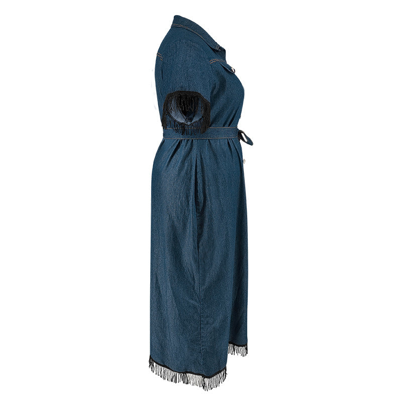 Plus Size Women's Short Sleeve Tassel Button Collar Belt Dress 6