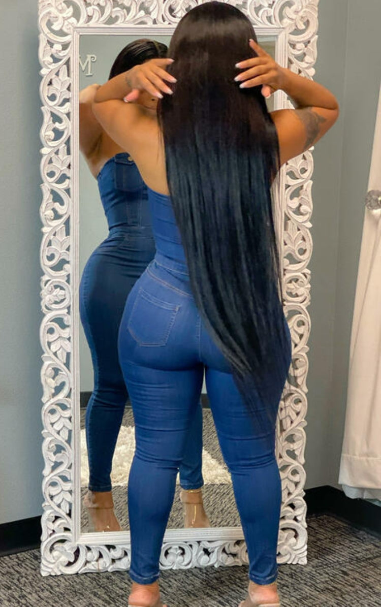 Summer Blue Button Strapless Denim Jumpsuit