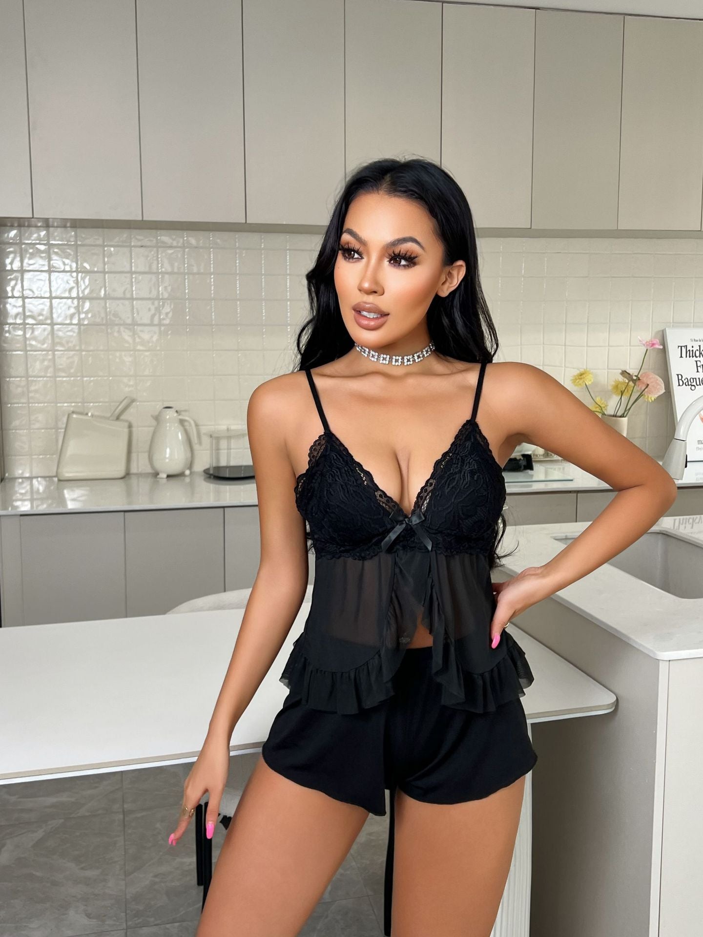 Solid Color Strap Pajama Shorts Set V-Neck Loungewear Set