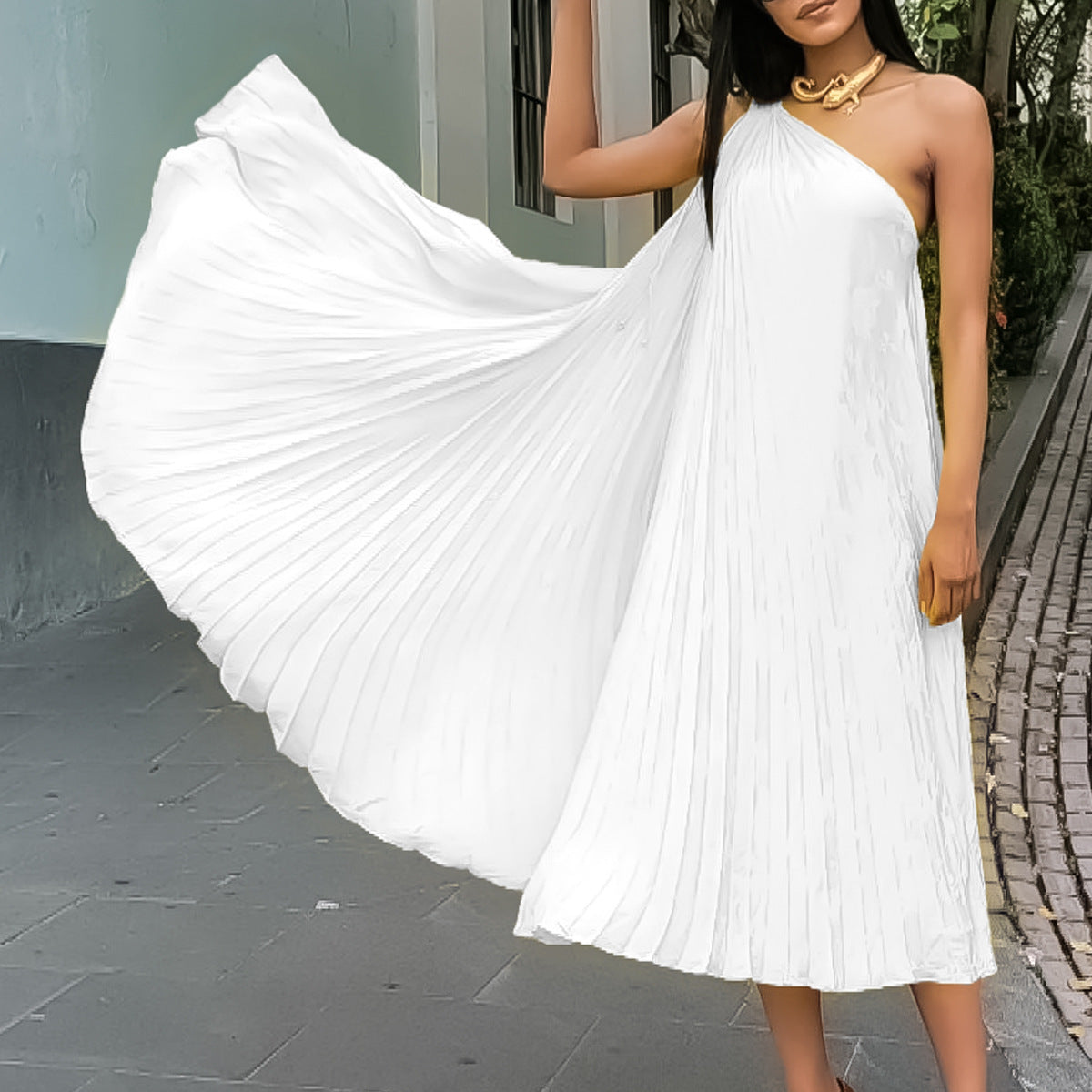 Women Elegant Solid Pleated Sleeveless Slash Shoulder Dress 8