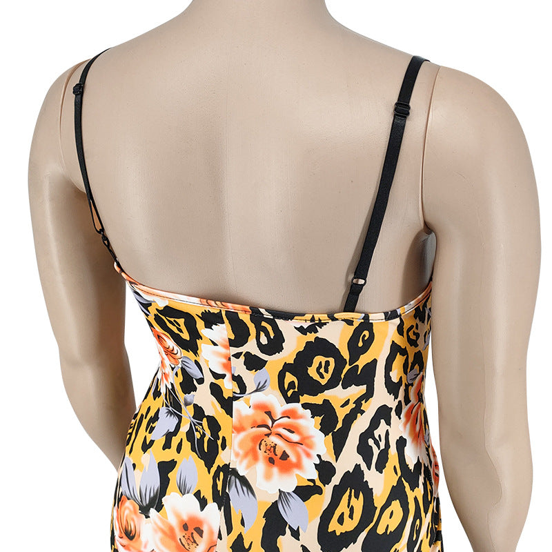 Plus Size Women's Summer Floral Print Strap Sexy Slit Bodycon Dress 15