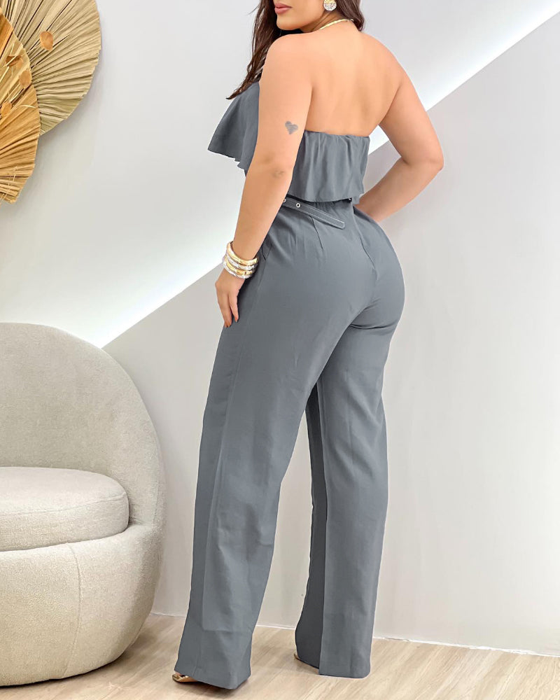 Women sexy solid off-shoulder ruffle belt jumpsuit 5