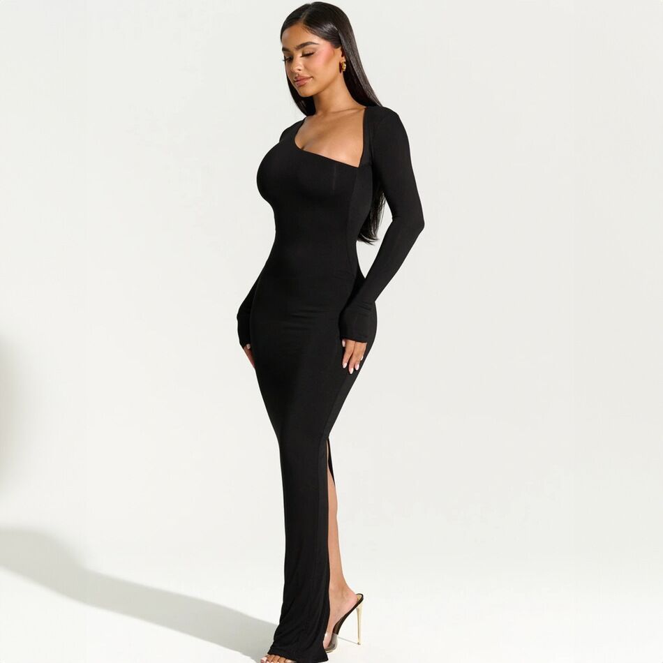 Autumn Women's Long Sleeve Slash Shoulder Sexy Slim Back Slit Fashion Dress 4