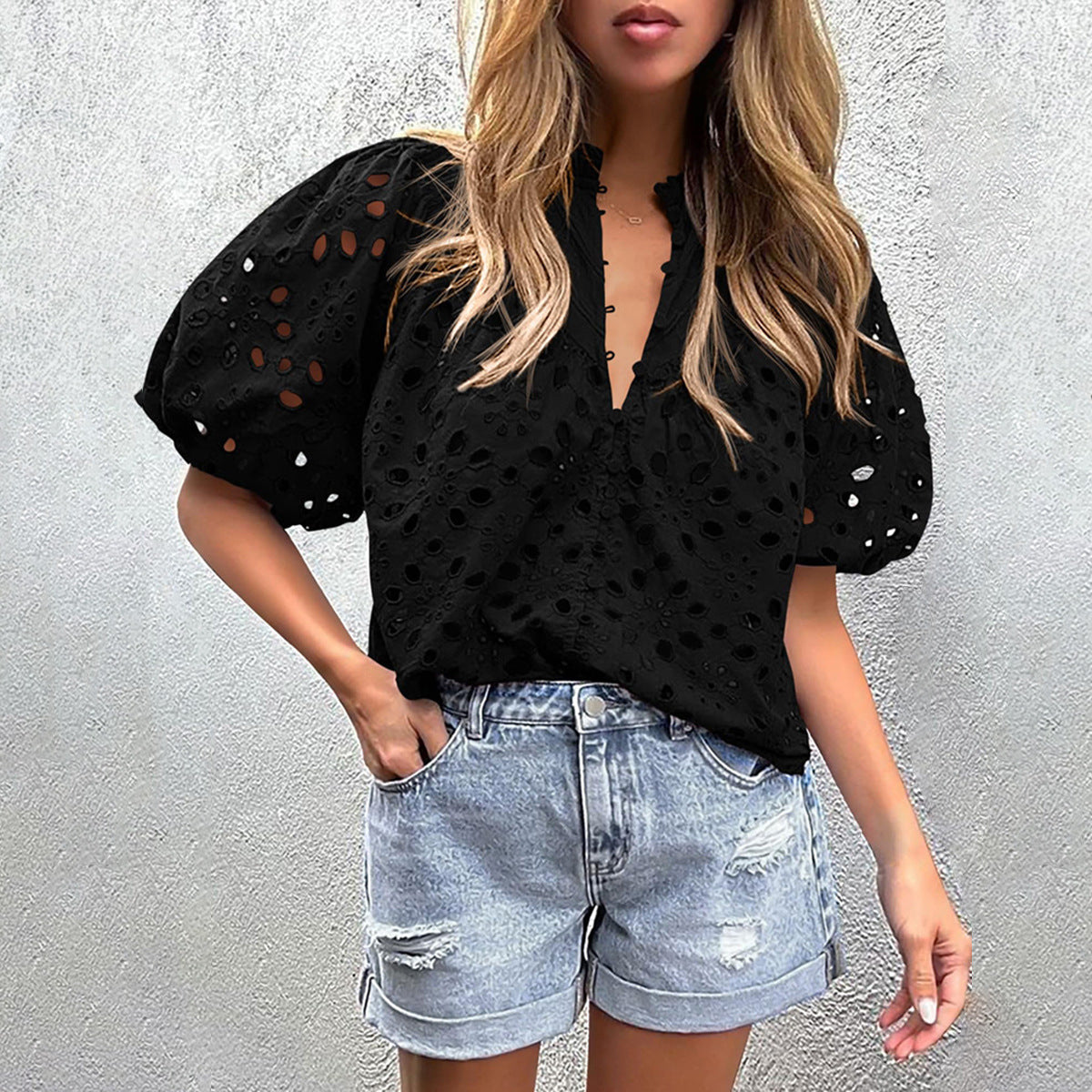 Women Chic puff sleeve embroidered shirt 8