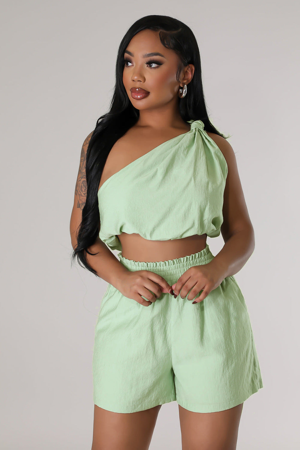 Women's Solid Color Slash Shoulder Sleeveless Two Piece Shorts Set 4