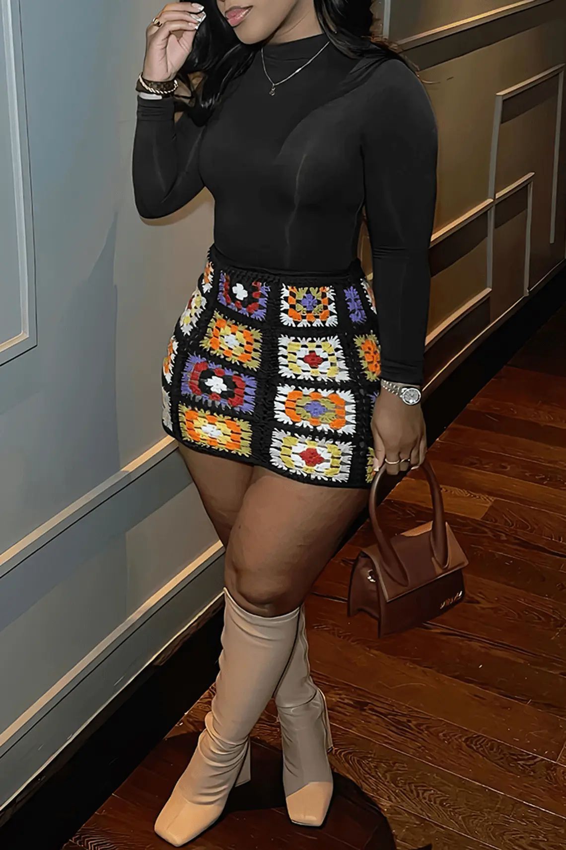 Women's Sexy Geometric Color Block Long Sleeve Pullover Top Multicolor Printed Skirt Two Piece Set