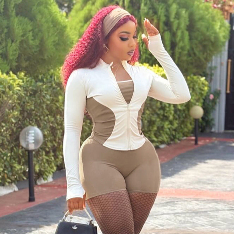 Women Stand Collar Contrast Patchwork Long Sleeve Finger Zipper Top Knot Shorts Two-Piece Set 16