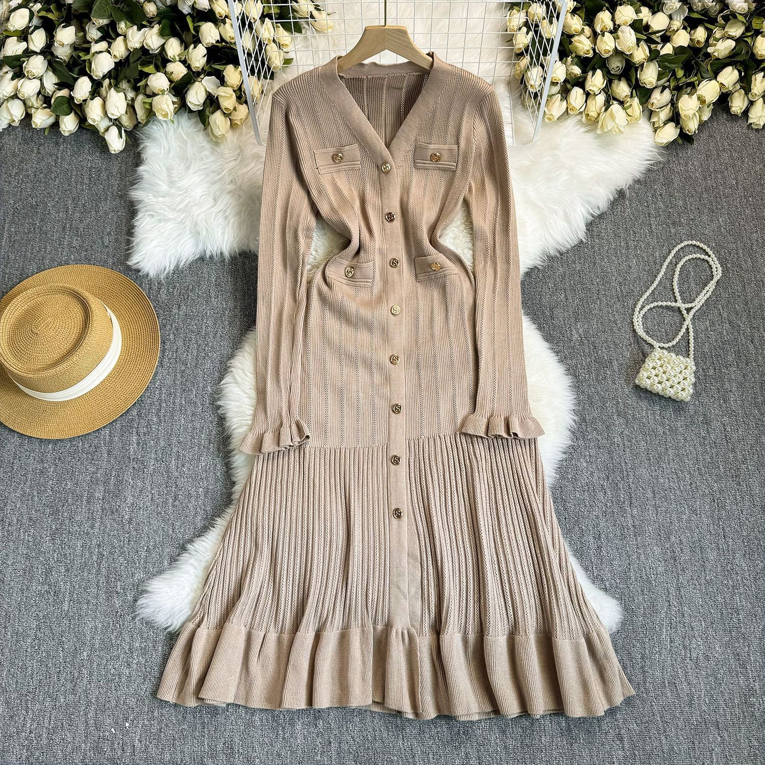 Women Fall/Winter Long-Sleeved V-Neck Ruffled Knitting Dress 5