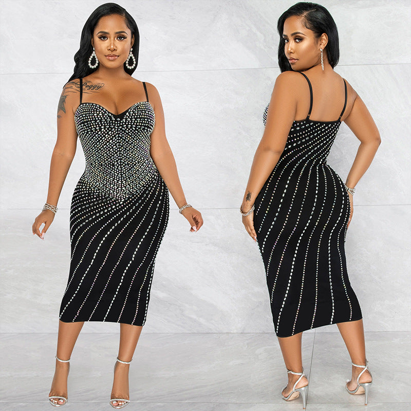 Summer Women's Sexy Strap Sleeveless Beaded Mesh Club Dress 3