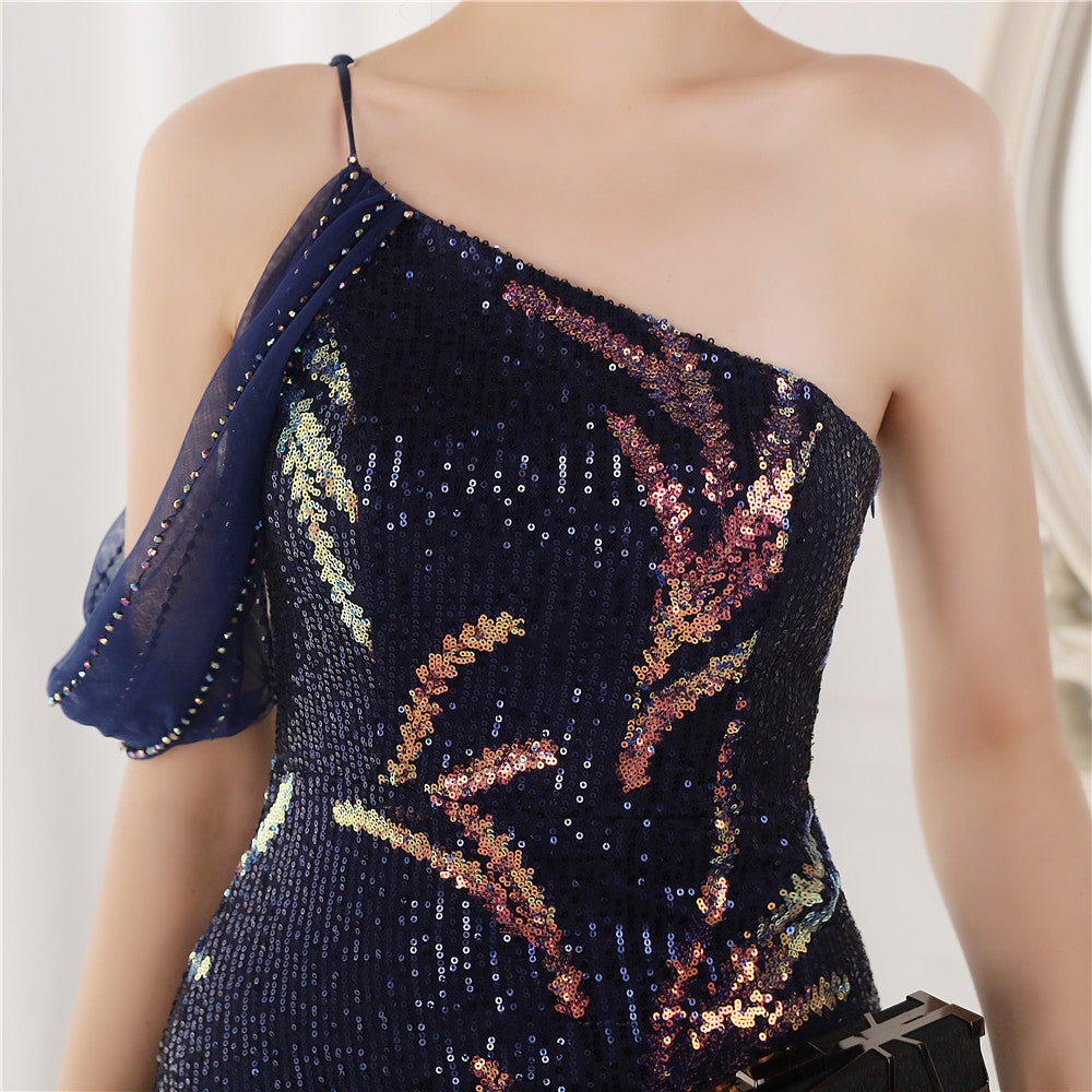 Summer Sequin One Shoulder Slit Long Evening Dress 38