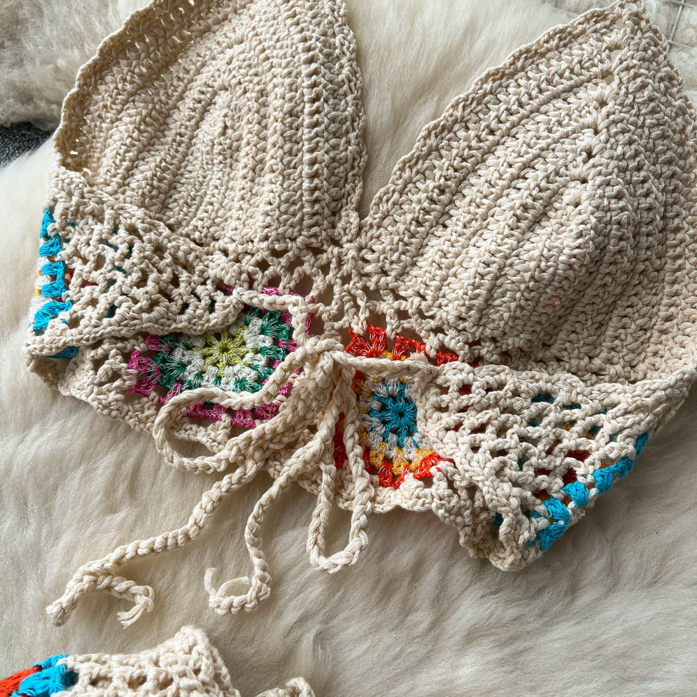 Women Summer Crochet Flower Suspender Top and Wide Leg Pants Retro Two-piece Set 20