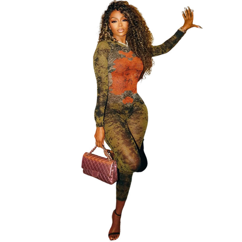 Women autumn sexy street print long sleeve jumpsuit 6