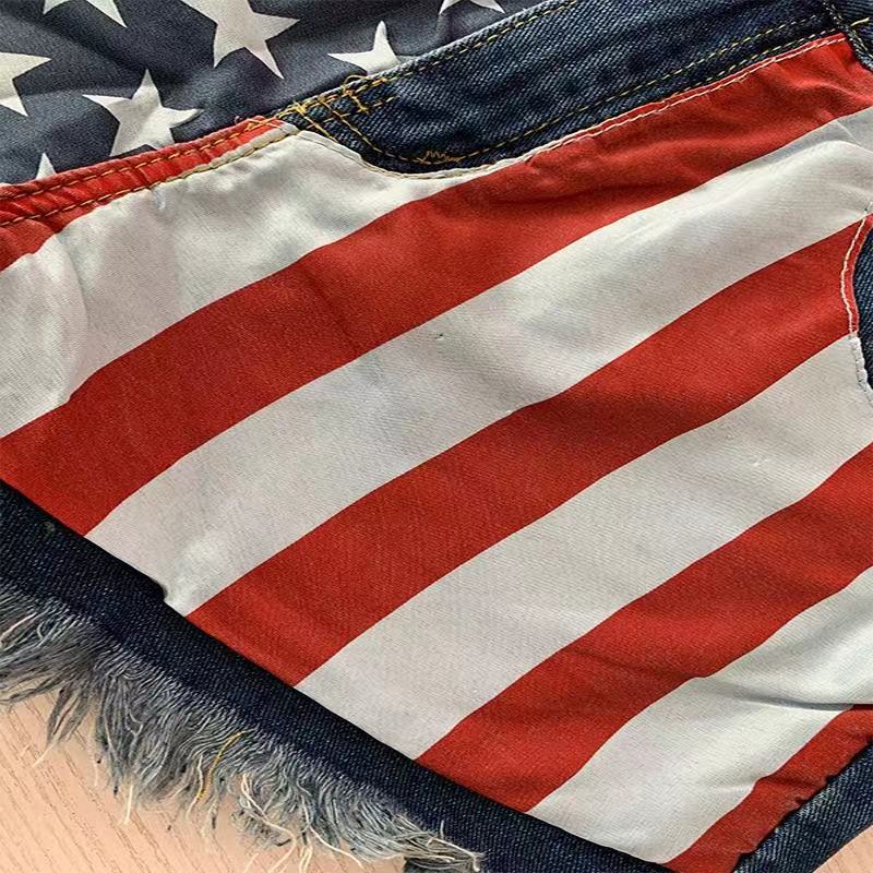 Women American Flag Ripped Tassel Denim Shorts 14