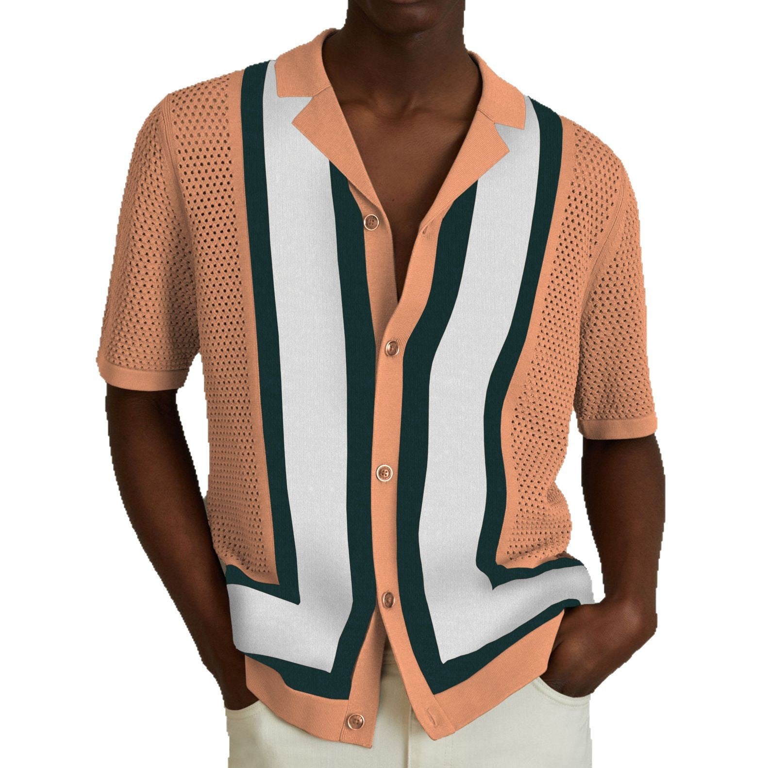 Men’s Striped Color Block Turn-Down Collar Short Sleeves Knitted Polo Shirt 8