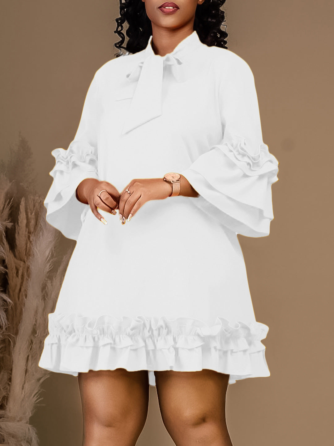 Women Loose CasualRuffle Edge Solid Dress 5