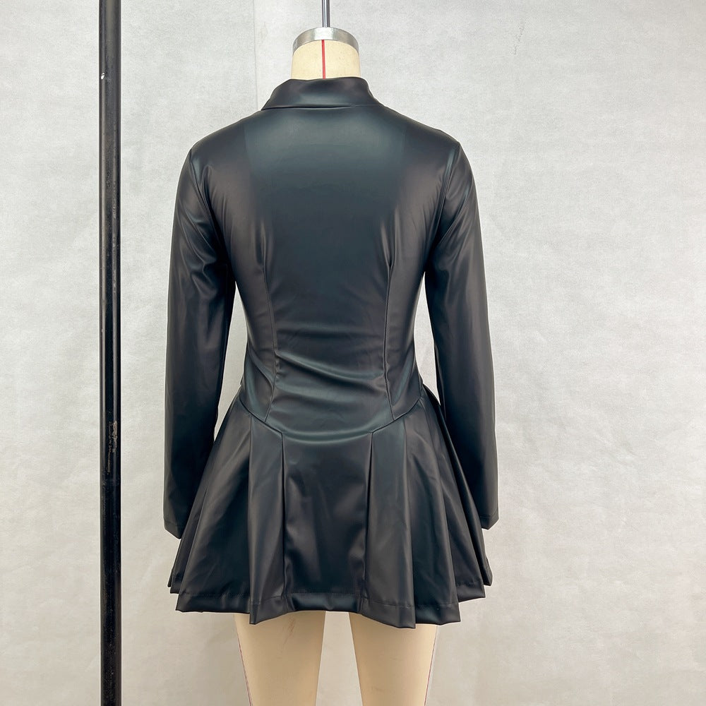 Women's Fashion Slim Fit Long Sleeve Zipper Pleated Pu Leather Dress 12