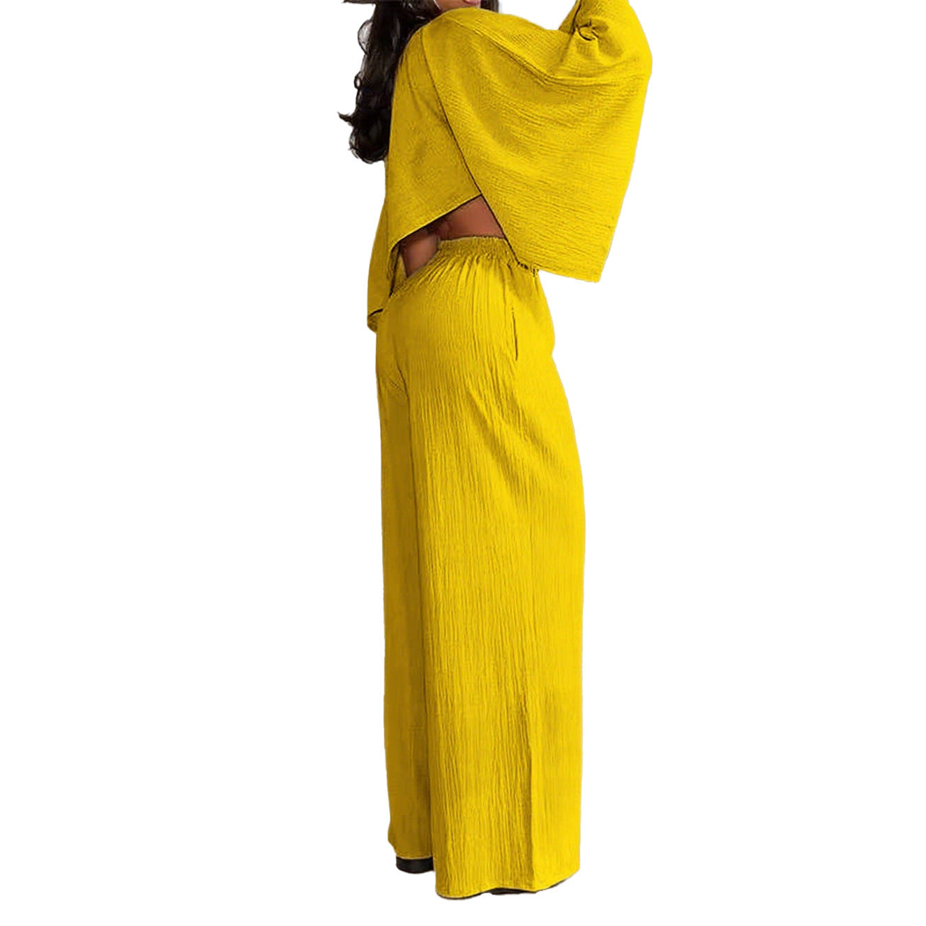 Women's Fashion Sexy Beach Holidays Solid Slash Shoulder Irregular Top with Elastic Waist Pockets Long Pants Set 17