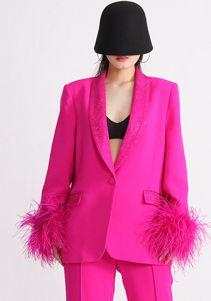 Women Neck Diamond Cuffs Patchwork Ostrich Feather Long Sleeve Blazer