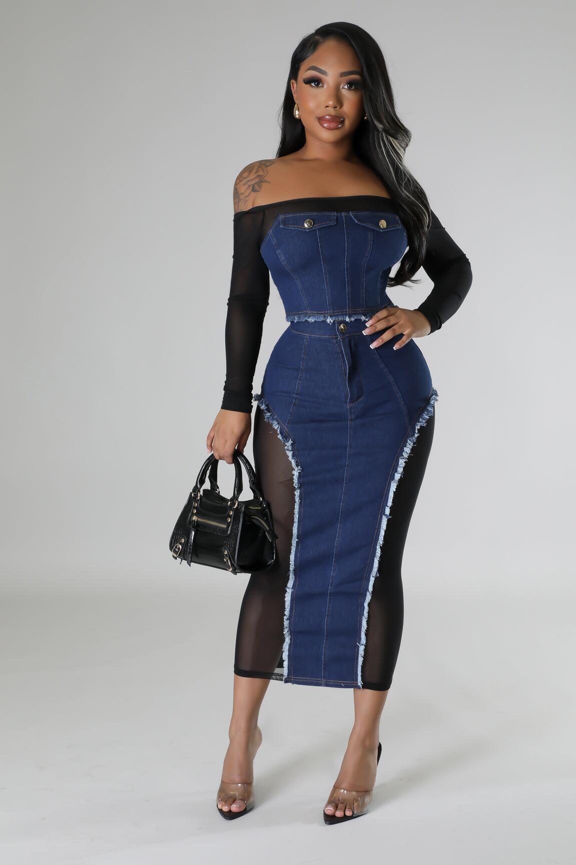 Women mesh Denim Patchwork See-Through Strapless Top and Skirt two-piece set 3