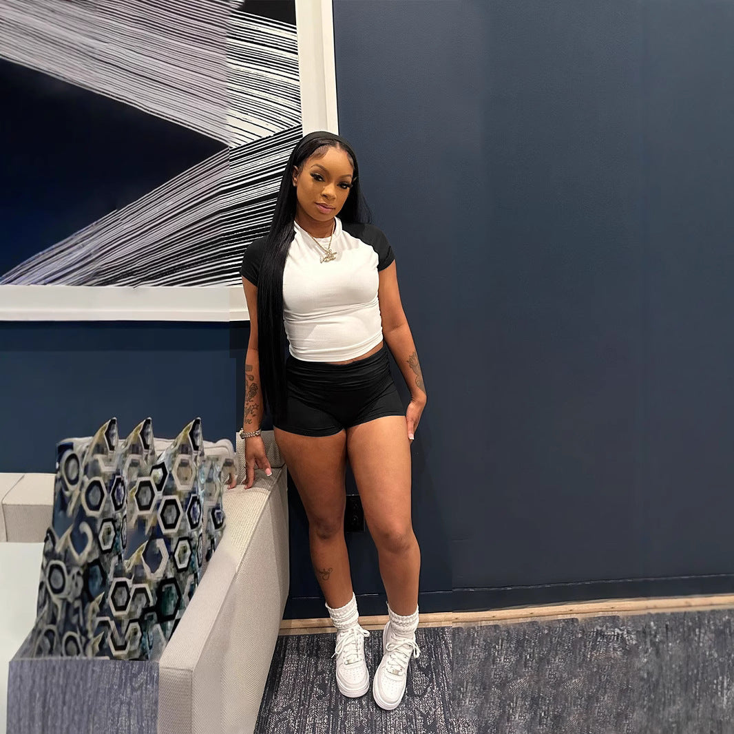 Women street raglan contrast short sleeve top and shorts Casual sports two piece set with headband 5