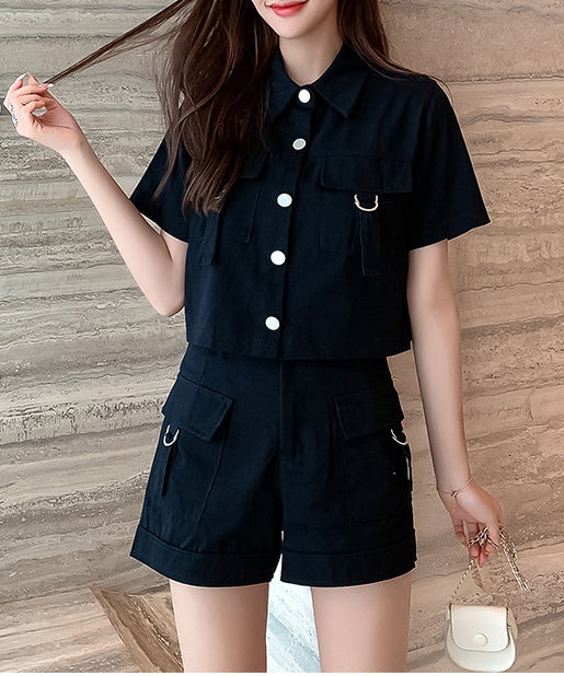 Two-piece summer Cargo style short-sleeved jacket wide-leg shorts women's suit 5