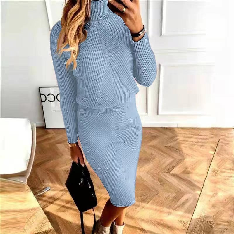 Women turtleneck knitting Solid sweater and Skirt two-piece set 13