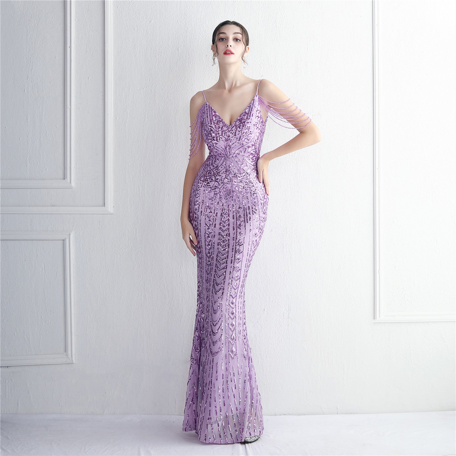 Elegant Chic Beading Straps Party Sequin Prom Dress Long Formal Party Gown Slim Evening Dress 23
