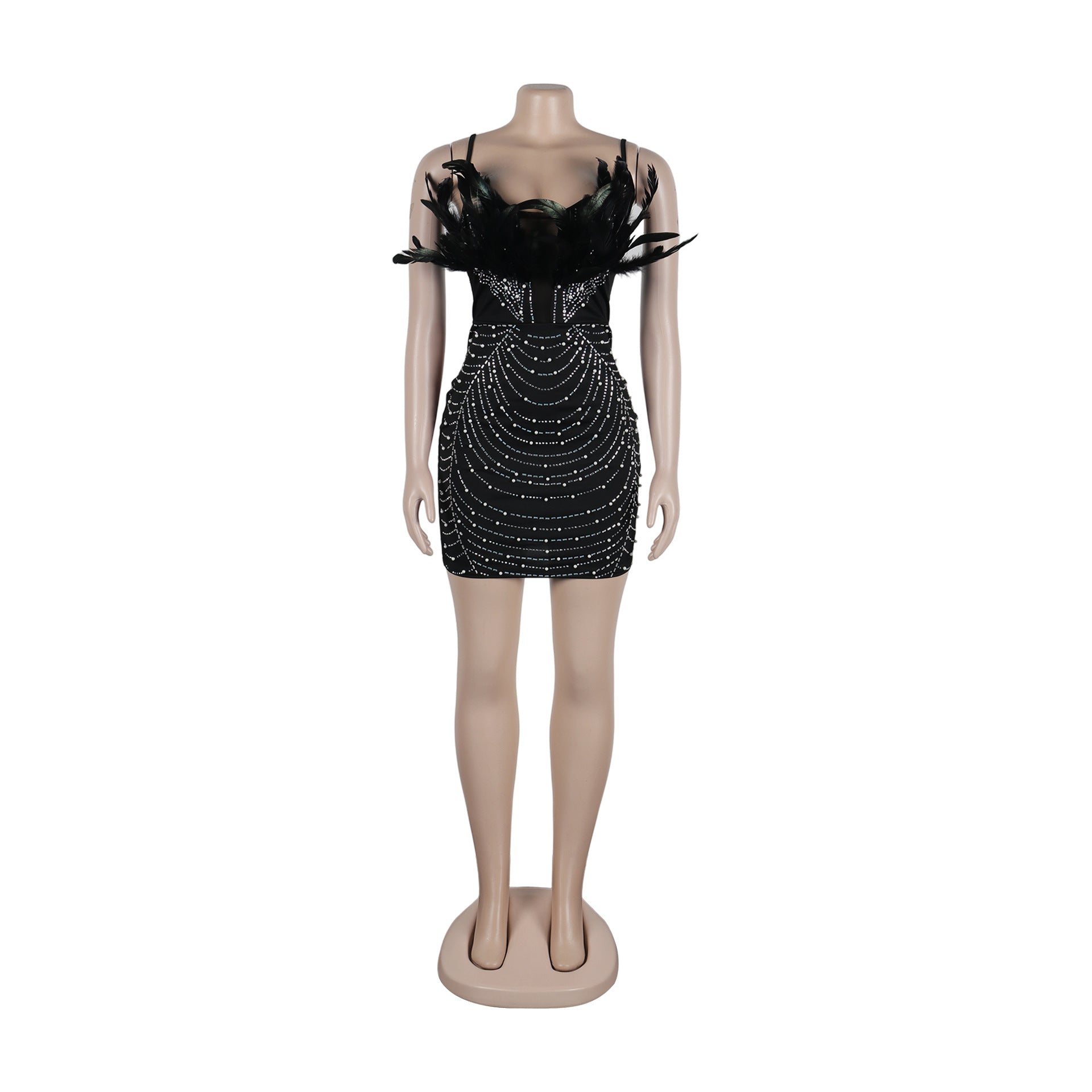 Sexy Beaded Feather Pearl Strap Bodycon Dress 4
