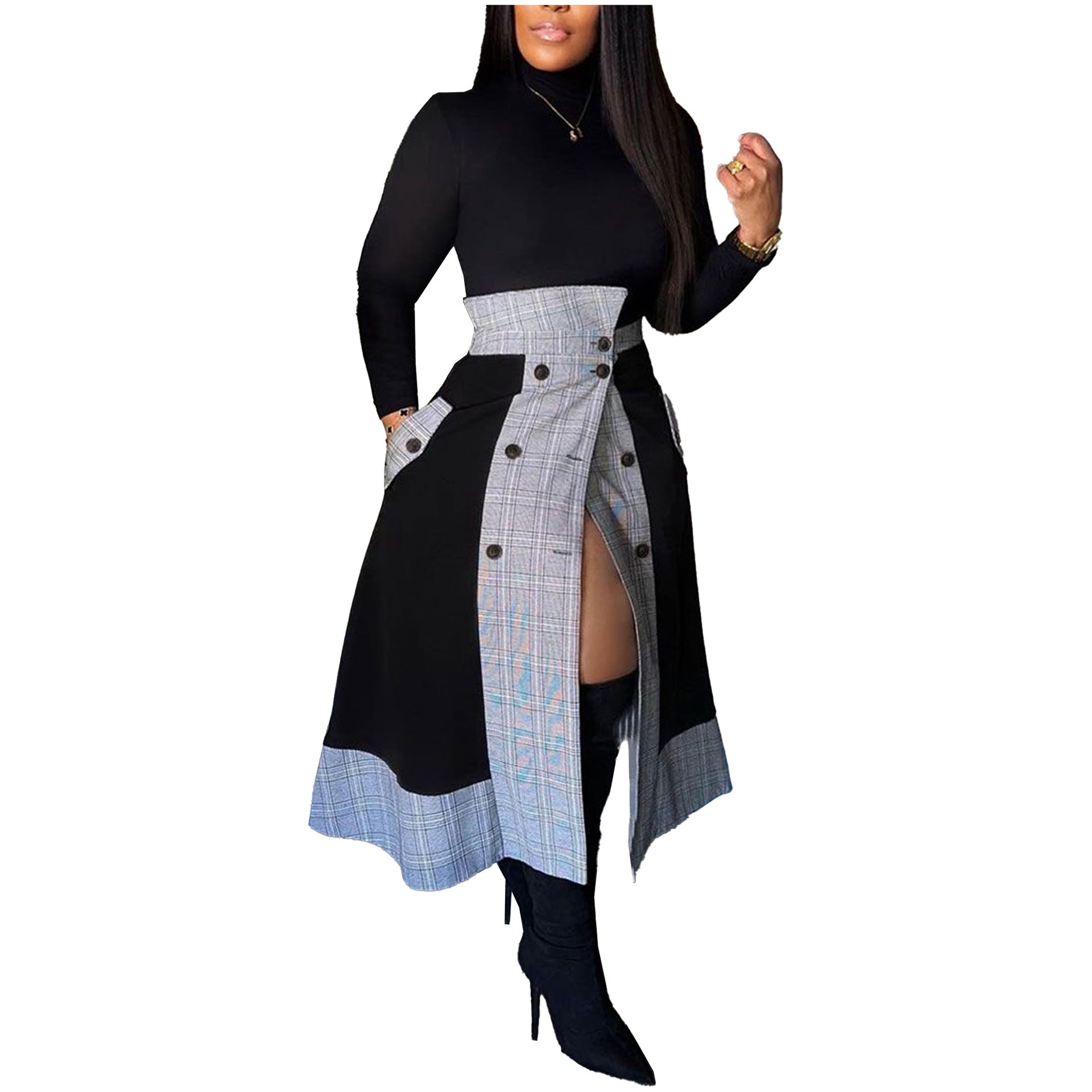 Slim-Fitting Long-Sleeved Turtleneck Plaid Slit Two-Piece Midi Skirt Set 4