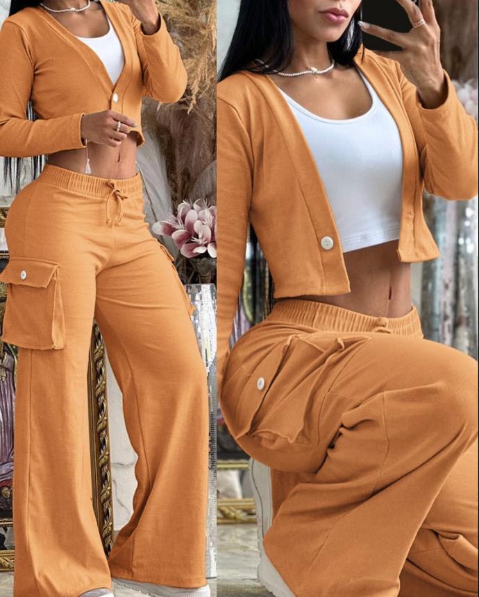 Fashionable casual solid color long sleeve two piece pants set women's clothing 4