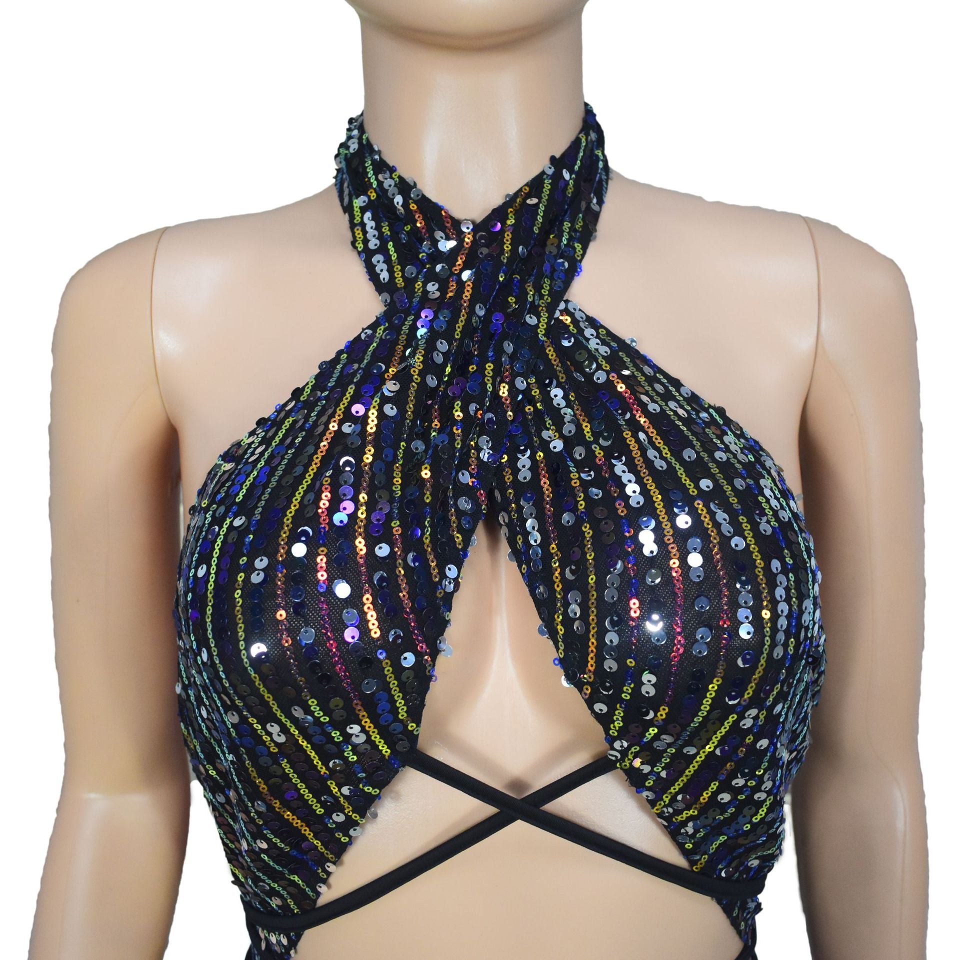 Women Sexy Backless Sequin Halter Bodycon Dress 7