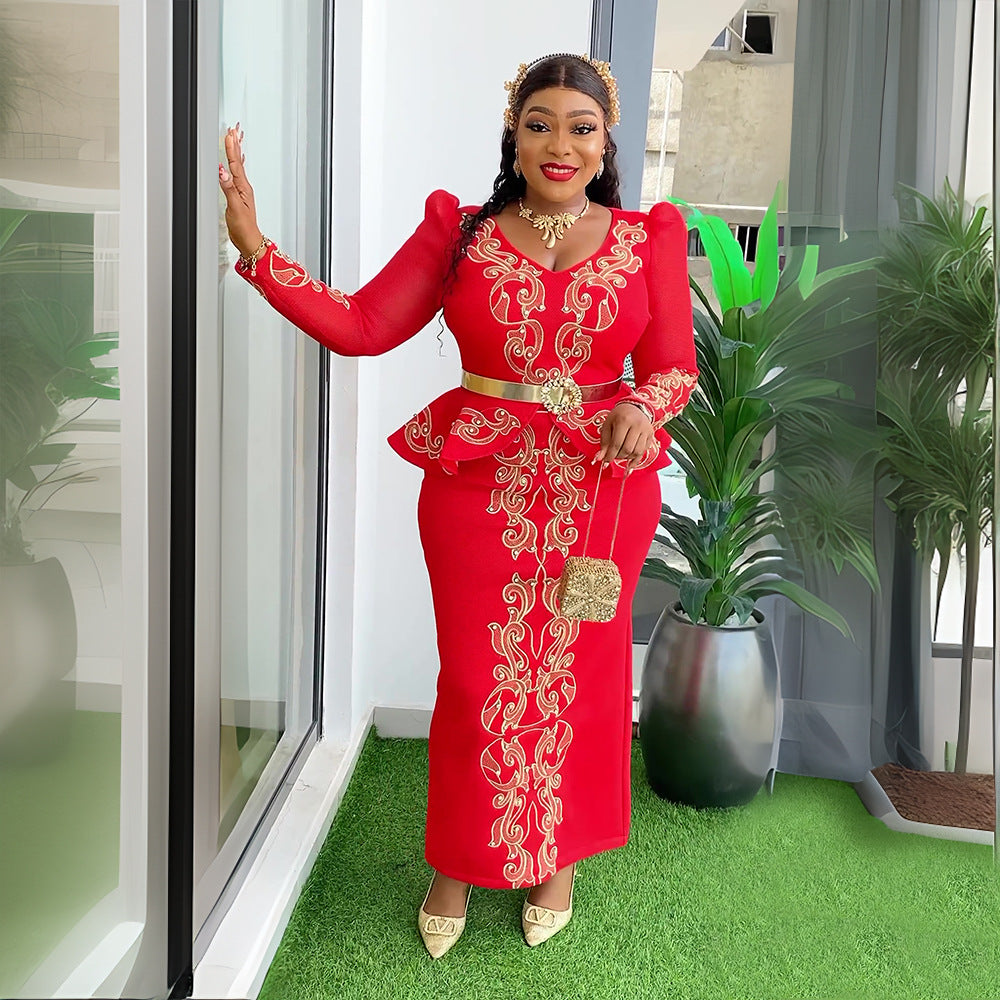 African Women's Plus Size Beaded V-Neck Dress 3