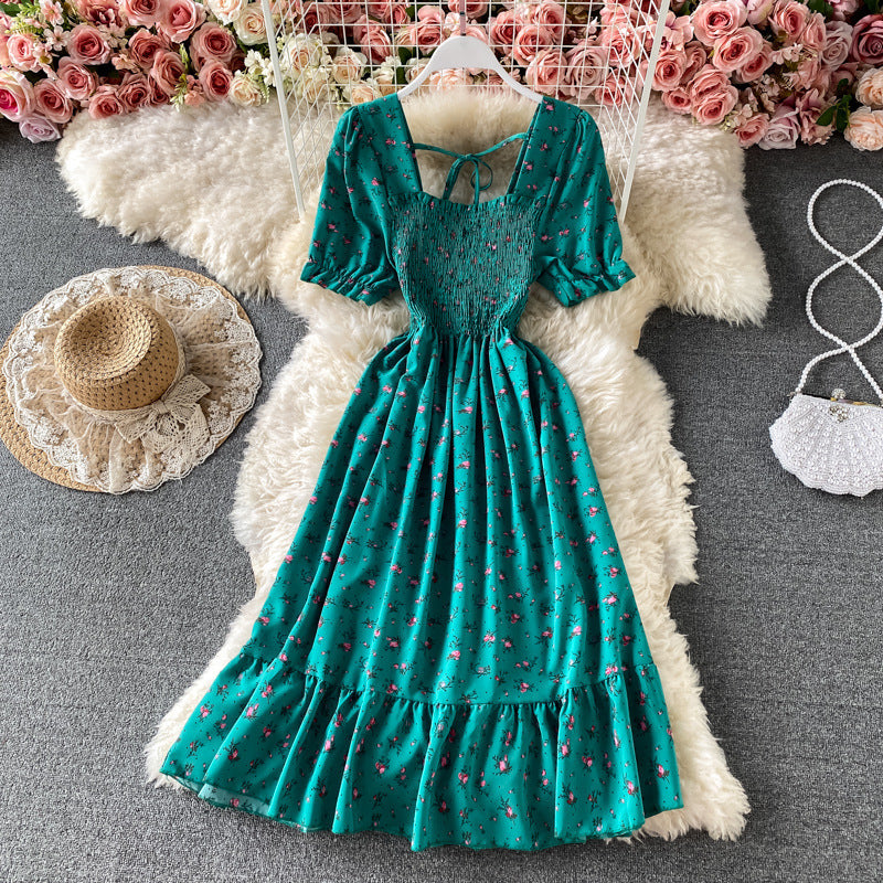 Women Floral Square Neck Pleated Maxi Dress