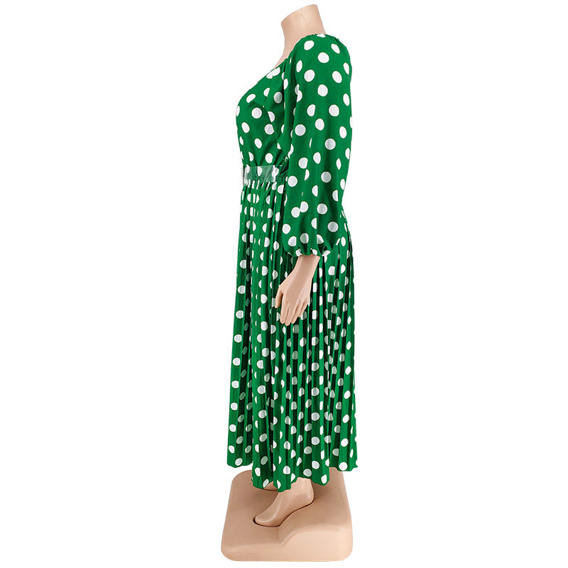 Plus Size Women'S Polka Dot Print Long Sleeve Pleated Dress With Belt 13
